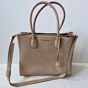 Michael Kors Mercer Medium Beige Pebbled Leather Accordian Tote Crossbody Bag